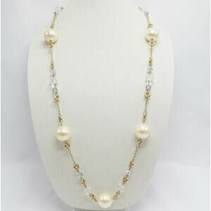 Long Length Large Glass pearl & crystal Gold Chain Necklace Glam Statement 42"